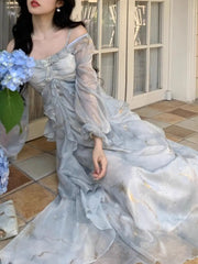 Lunivop  Light Gray Square Neck Long Sleeve Women's Dress Shimmer Embellished Tiered Ruffle Maxi DressSheer Chiffon Fairy Casual Gown