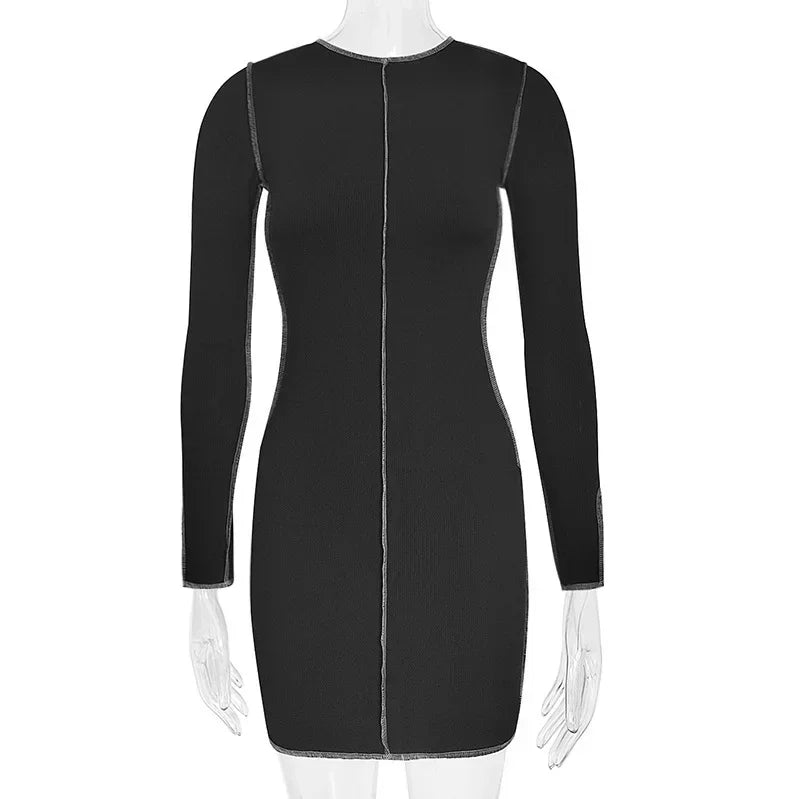 Lunivop Fall and Winter Women's Sexy Knitted Elastic Fabric Round Neck Package Hip Long Sleeve Dress Sexy Slim Women's Dresses