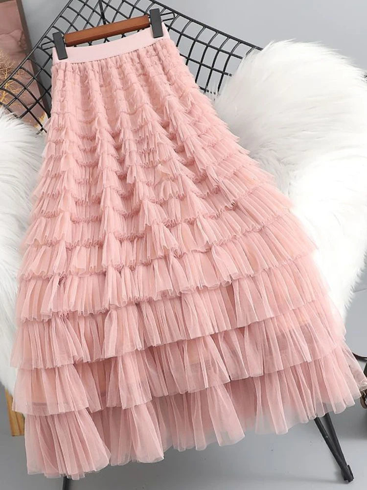 Lunivop  Summer Elegant Women Tulle Skirt Korean Fashion Mesh A Line Ladies Cake Skirt High Waist Loose Party Female Skirts New