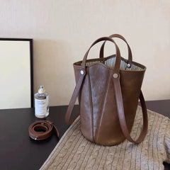 Lunivop  Retro Brown PU Leather Bucket Bags Women Autumn Winter New Large Capacity Underarm Bag Ladies Fashion Versatile Commuter Handbag