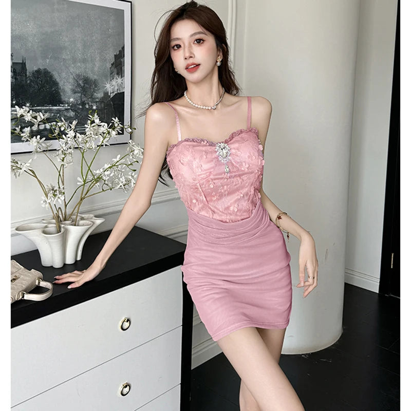 Lunivop  Women Green Patchwork Jacquard Flower Sling Short Dress Summer Elegant Bodycon Hip Wrap Dress Korean Fashion Casual Dresses