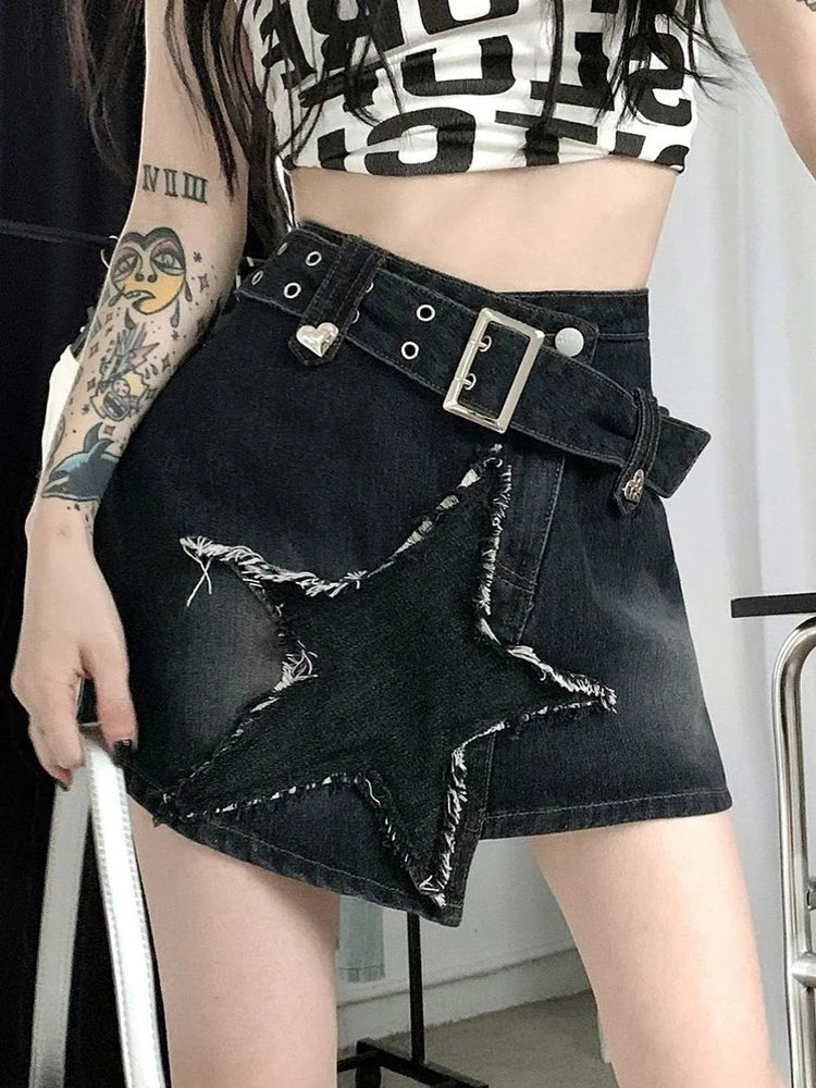 Lunivop  Vintage Star Y2K Denim Skirt Women High Waist Harajuku Belt Black Mini Skirt American Streetwear Retro Summer Gothic Skirt
