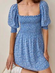 Lunivop  Retro French Style Blue Floral Print Square Collar Dress Puff Sleeve Elastic Ruched Chest Woman Dresses Holiday Robe Female