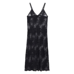 Lunivop  Transparent Black Lace One-piece Dress Women Spring Summer V-neck Sleeveless Dress Korean Style Fashion Ladies Midi Slip Dress N