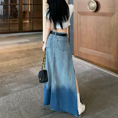 Lunivop High Street Sexy Split Loose Casual A-line Skirt Women Summer New Korean Distressed Washed Denim Mid-length Skirt