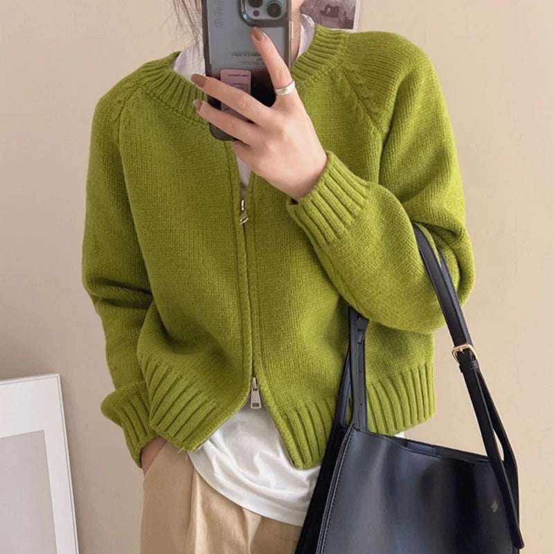 Lunivop Zip Up Sweater Cardigan for Women Solid Long Sleeve Crew Neck Zipper Front Knitted Jacket Teen-girl Fall Winter Casual Outfit