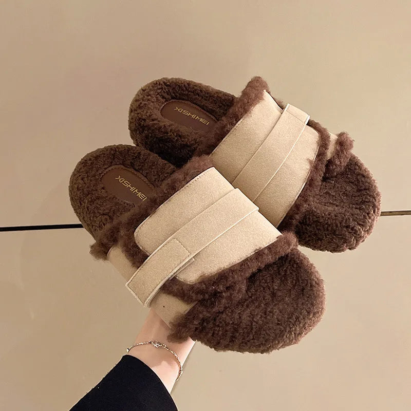 Lunivop Fluffy Faux Fur Plush Slippers Fashion Design Women Home Slippers Indoor Open Toe Flat Non-slip Leisure Large Size Female Slides