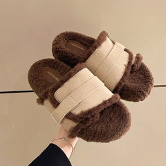 Lunivop Fluffy Faux Fur Plush Slippers Fashion Design Women Home Slippers Indoor Open Toe Flat Non-slip Leisure Large Size Female Slides