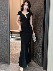 Lunivop  Summer Korean Vintage Hepburn Black Long Dress Gown Women Red Elegant Diamonds V-Neck Sexy Club Dress Fashion Chic Vestidos