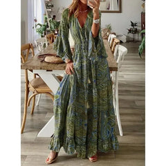 Lunivop  Women's S-3XL Size Bohemian Style Trumpet Sleeve Printed V-neck High Waisted Holiday Dress Floral Women's Long Dress