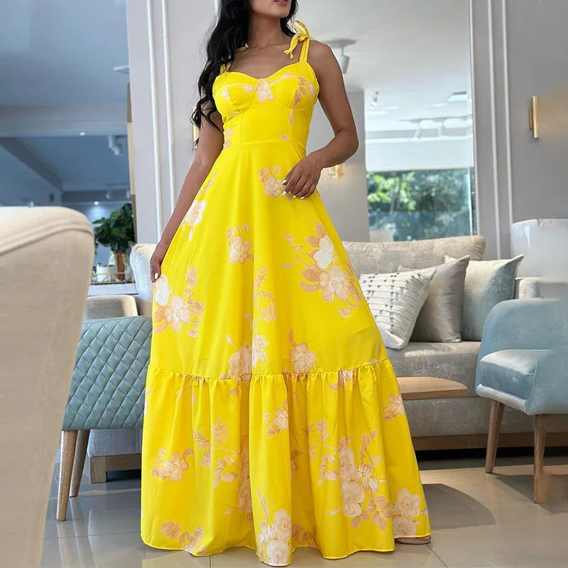 Lunivop  Female Sleeveless Pleated Long Dress Summer V-Neck Floral High Waist Party Sexy Holiday Beach Spaghetti Strap Sundress