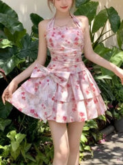 Lunivop  Korean Retro Sweet Floral Halter Neck Dress Women Slim Bow Print Tiered Mini Dress Summer Fashion Popular Elegant  Chic Outfits
