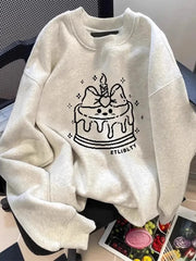 Lunivop Cute Cake Print Sweatshirt Women Long Sleeve Loose Japan Kawaii Pullovers Fall Preppy Style O Neck Vintage Casual Sweet New Tops