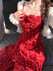Lunivop  French Two Piece Set  Floral Printed Red Strap Camisole Dresses Summer Sweet Girl Waist Slimming Irregular Slit A-line New