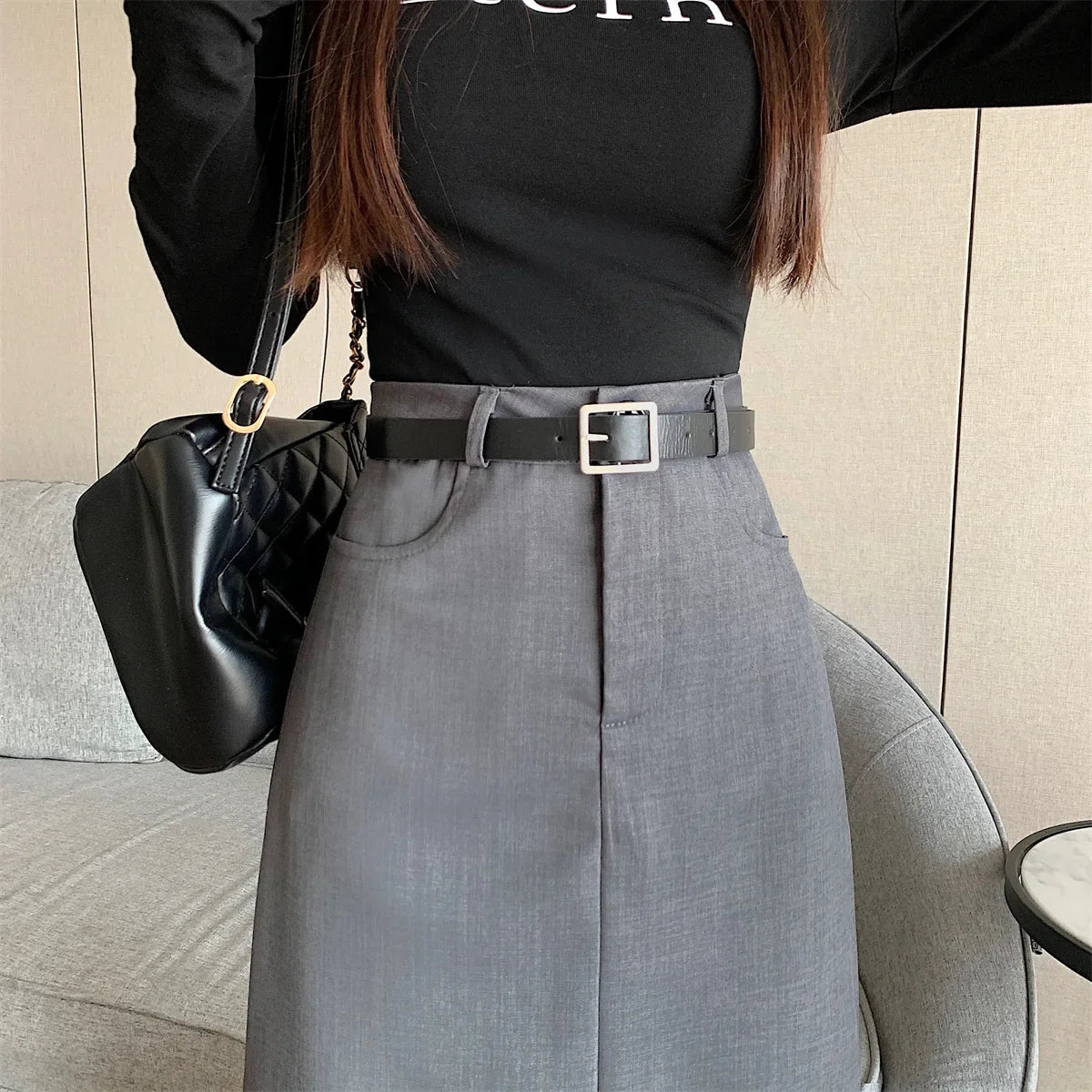 Lunivop High-waisted Slimming Skirt Greysuit Women's Lightweight Casual A- line Medium-length Dress