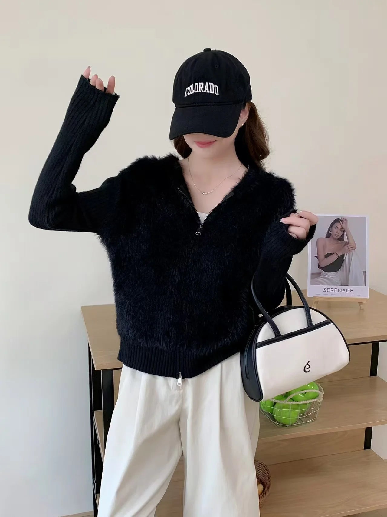 Lunivop Fuzzy Sweater Hoodie Zip-Up Mohair-Knit Cardigan Women Long Sleeve Hooded Crop Top Knitwear Fall Winter Teen-girl Y2K Outfit