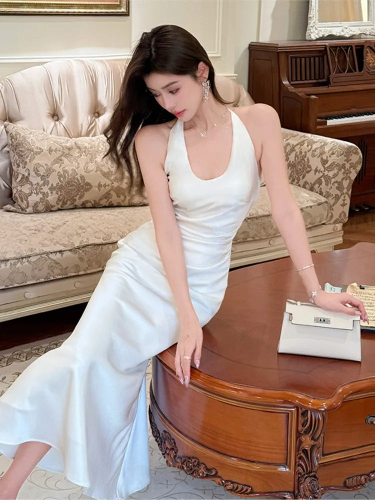 Lunivop Elegant Satin Solid Women's Dresses Sexy Halter V-neck  Female Clothing Formal Occasion New Sleeveless Evening Party Long Dress