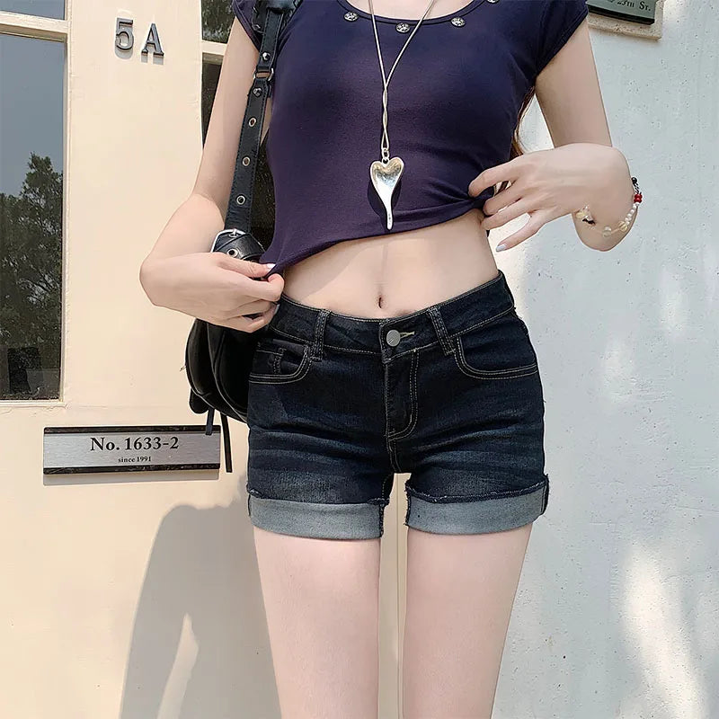 Lunivop  plus Size American Style Sexy Short Jeans High Waist Hot Pants Women's Deep Blue Cuffed Shorts Summer Wear Resistant Stretch