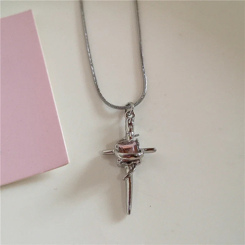 Lunivop Kpop Charms Pink Heart Cross Pendant Stainless Steel Snake Chain Necklace Women Y2k Aesthetic Vintage Rave Jewelry Accessories