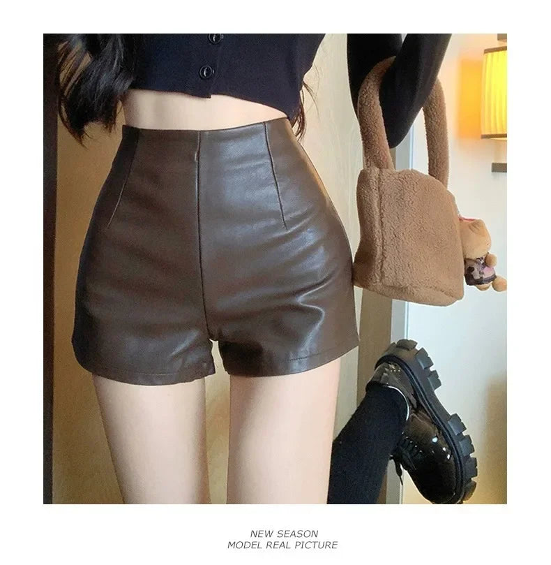 Lunivop Women's New Autumn Black Leather Shorts High-waisted Slimming Tight A- line Casual Pants For Smooth Slimmed Silhouette