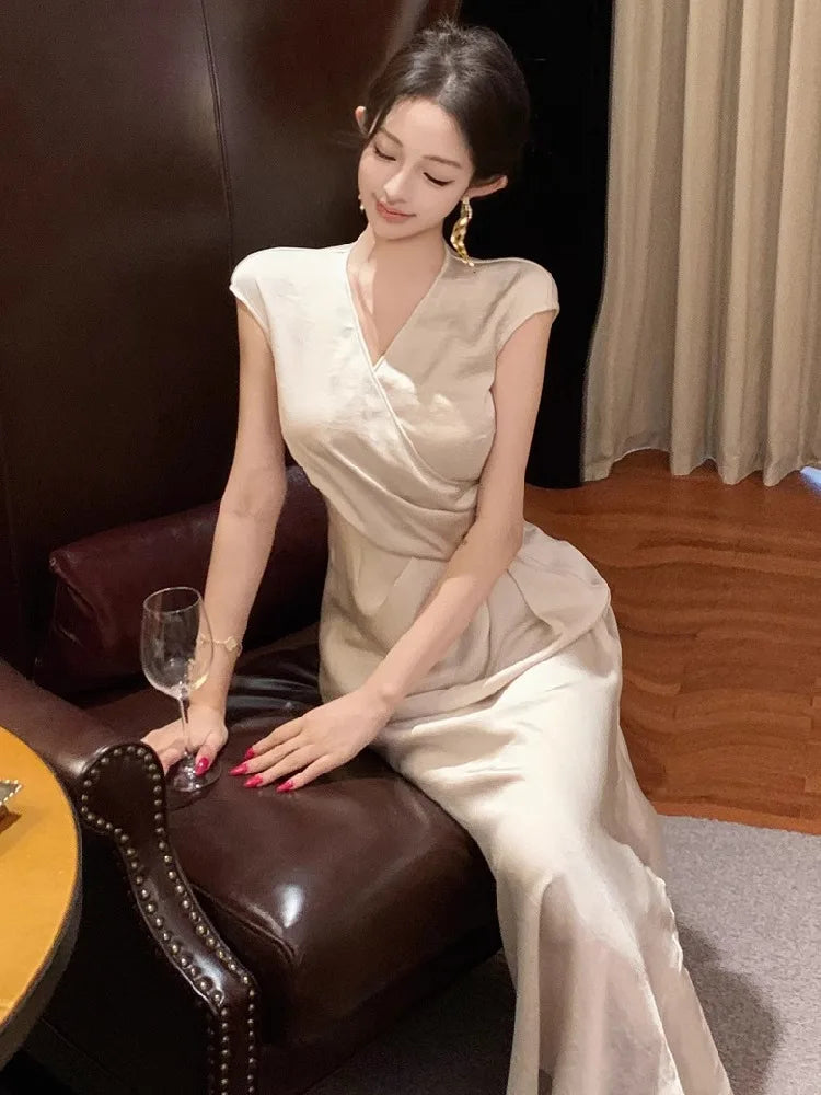 Lunivop  Temperament Dresses Women V Neck Elegant Sexy Slim French Style Solid Temperament Mermaid Dress Party Female Vintage