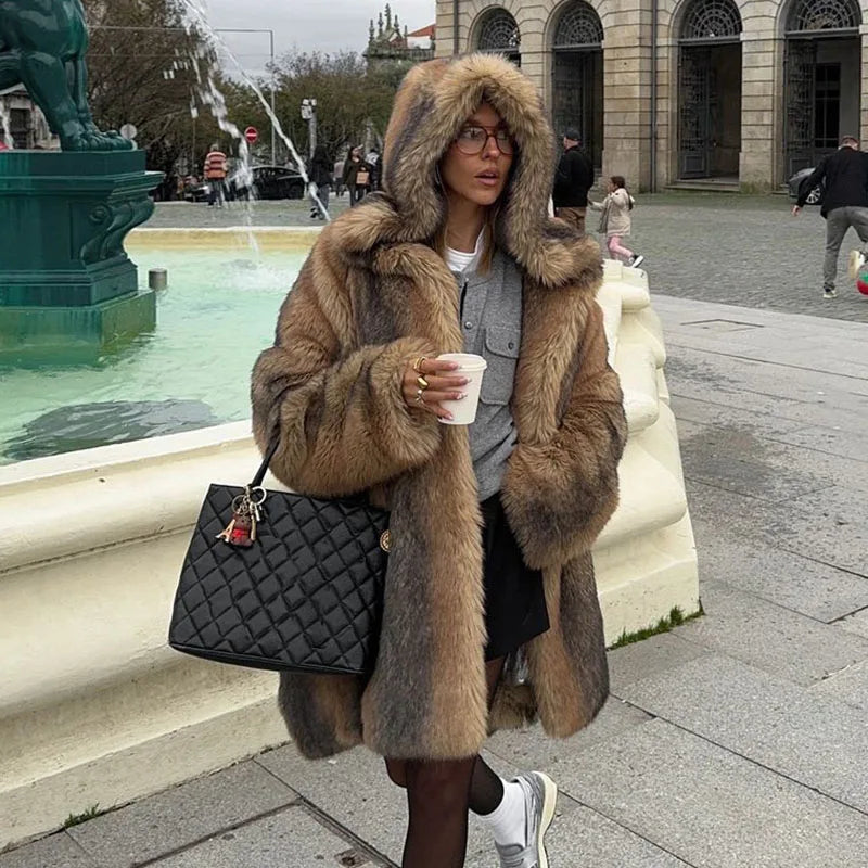 Lunivop Luxury Faux Fur Coat With Hoodies Women Elegant Loose Long Sleeved Coats Female Autumn Winter Thickening High Street Outwear Top