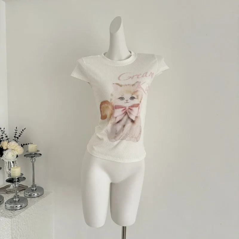 Lunivop  Sweet T Shirts Women Cartoon Cat Printed Short Sleeve Summer Fashion Sexy Stretch Slim Y2k Tops Female Casual Tshirt