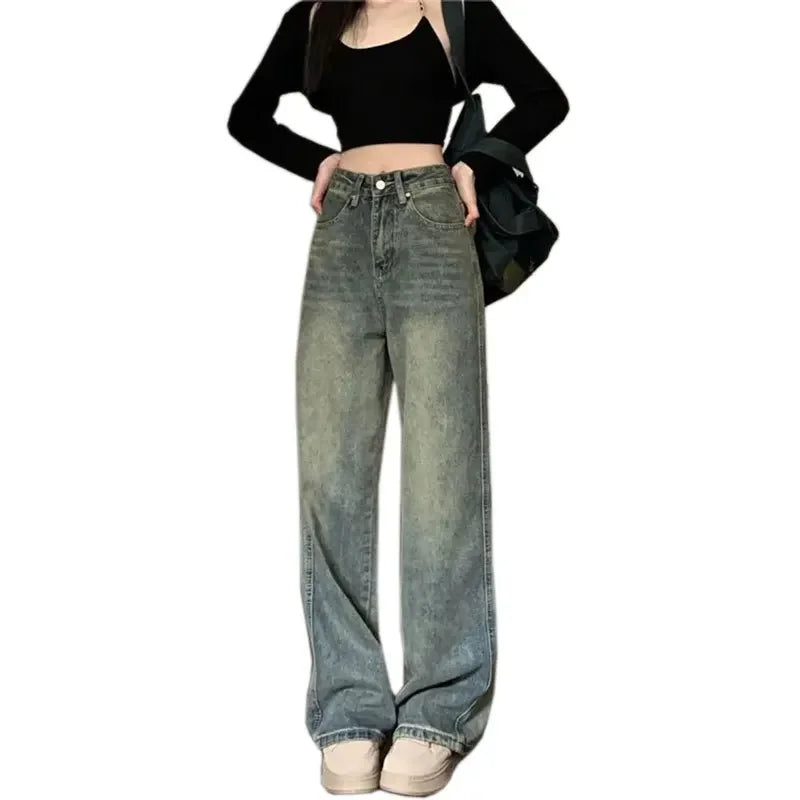 Lunivop Vintage High-waisted Slimming Jeans American Style Casual Bell Bottoms Versatile Straight-leg Long Pants For Women