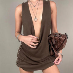 Lunivop  BKLD Simple Sexy Deep V Neck Off-shoulder Sleeveless Solid Color Ruched Design Casual Tank Tops For Women Trendy Streetwear Vest