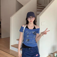 Lunivop  Y2k Street Vintage Fake Two Piece Halter T-shirt Sexy Short Sleeve Slim Fit Tee Shirt 2025 Summer New Top for Women
