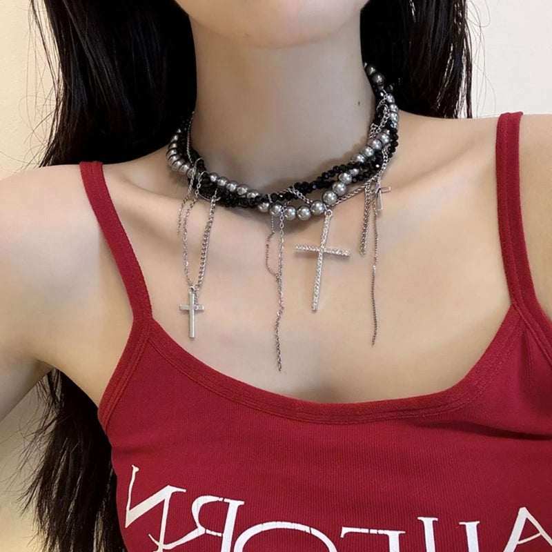 LunivopGrunge Y2K Unique Pearls Entwined Chain Choker with Fringes Crucifix Charm Necklace Jewelry