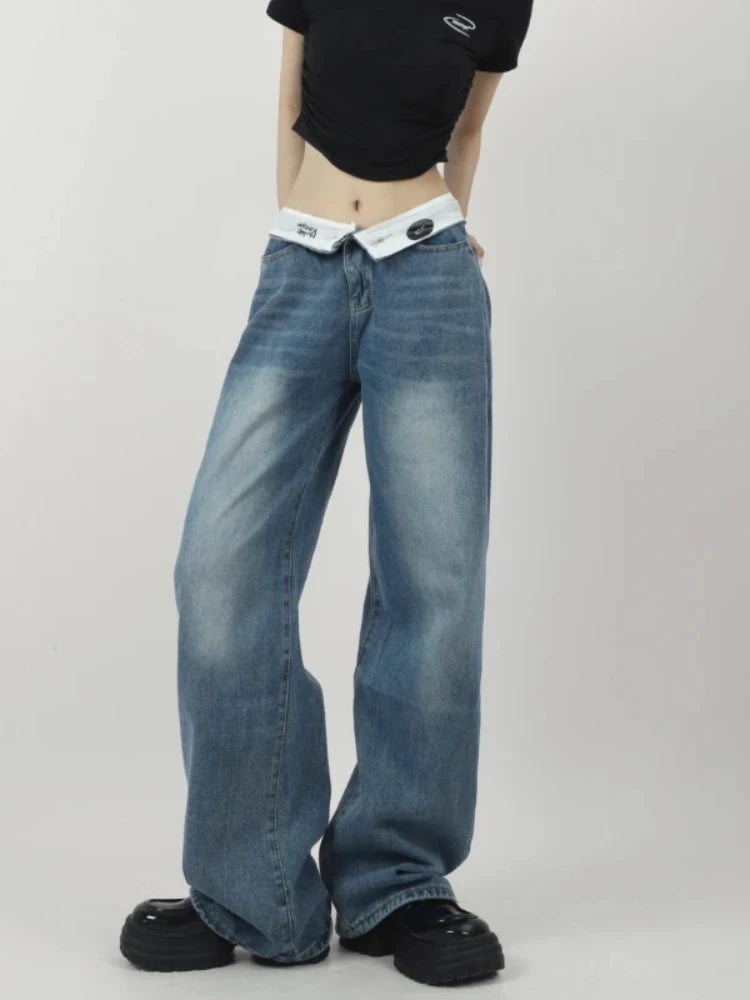 Lunivop Y2k Vintage Women Jeans Flanged Design Harajuku High Waist Korean Fashion Denim Pants Baggy Wide Leg Streetwear Spring