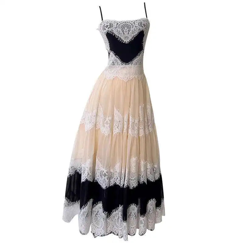 Lunivop French Style Lace Contrast Suspender Dress Spliced Sleeveless One Shoulder Evening Dresses Female 2025 Spring New