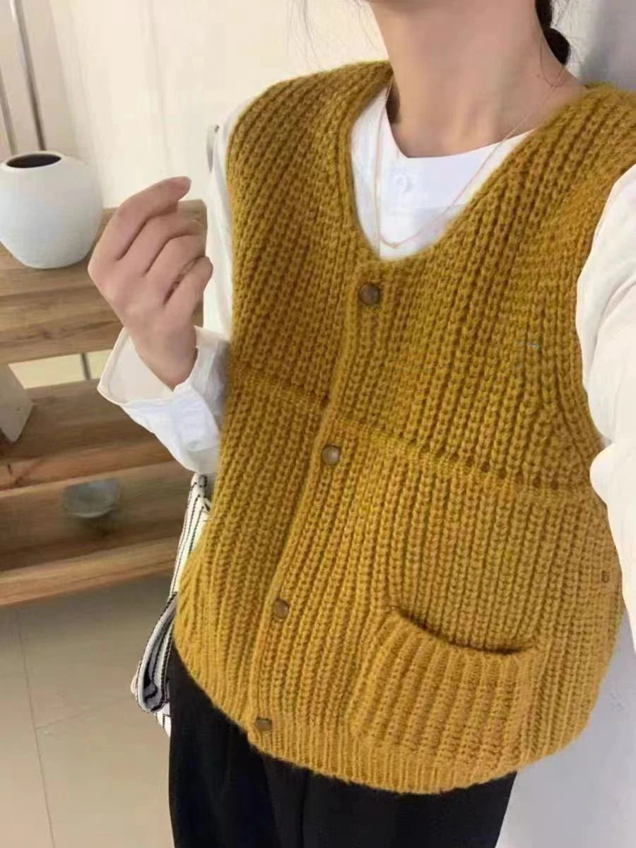 Lunivop Chunky Knit Sweater Vest for Women Button Up Sleeveless Knit Top with Front Pockets Korean Ladies Casual Chic Outfit