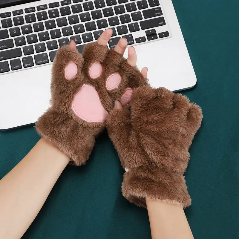 Lunivop Women Cartoon Cat Claw Gloves Thickened Plush Lovely Style Bear Paw Exposed Fingers Half Winter Mittens Warm Girls Gift Gloves