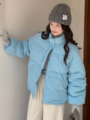 Lunivop Women Sweet Corduroy Parkas Warm Long Sleeve Retro Stand Collar Cotton Coat Winter Thick Casual Preppy Style Korean Jacket