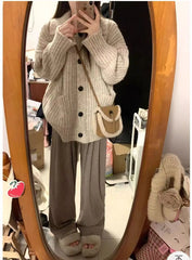 Lunivop Slouchy Knit Cardigan for Women Rib-knit Pockets Front High Neck Button Up Sweater Jacket Coat Female Autumn Winter Basic Outfit