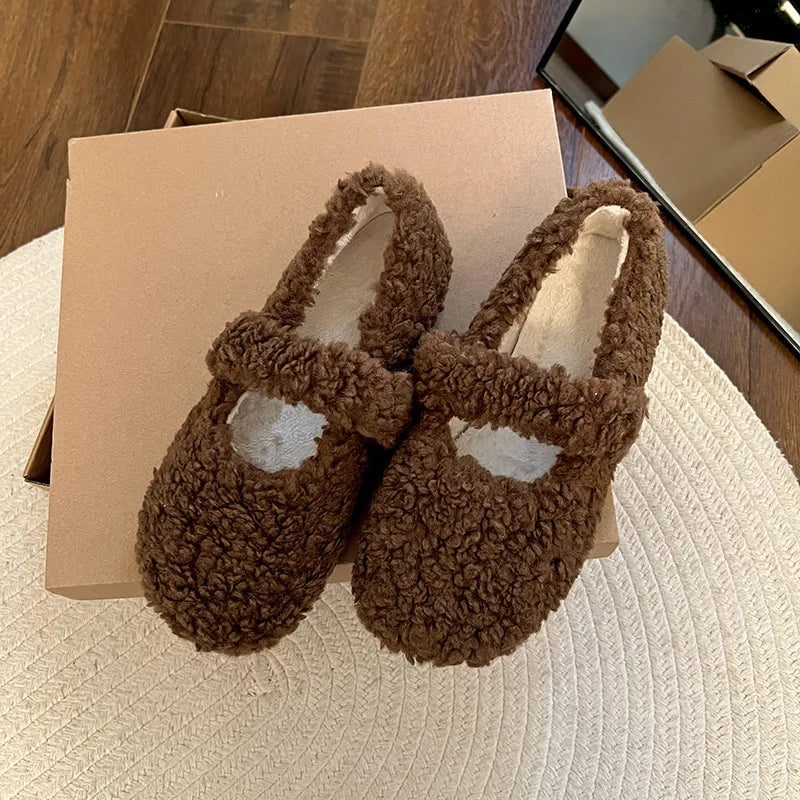 Lunivop  White French Mary Jane flat-bottomed fluffy shoes for women's new autumn and winter warm-soled beanie cotton shoes