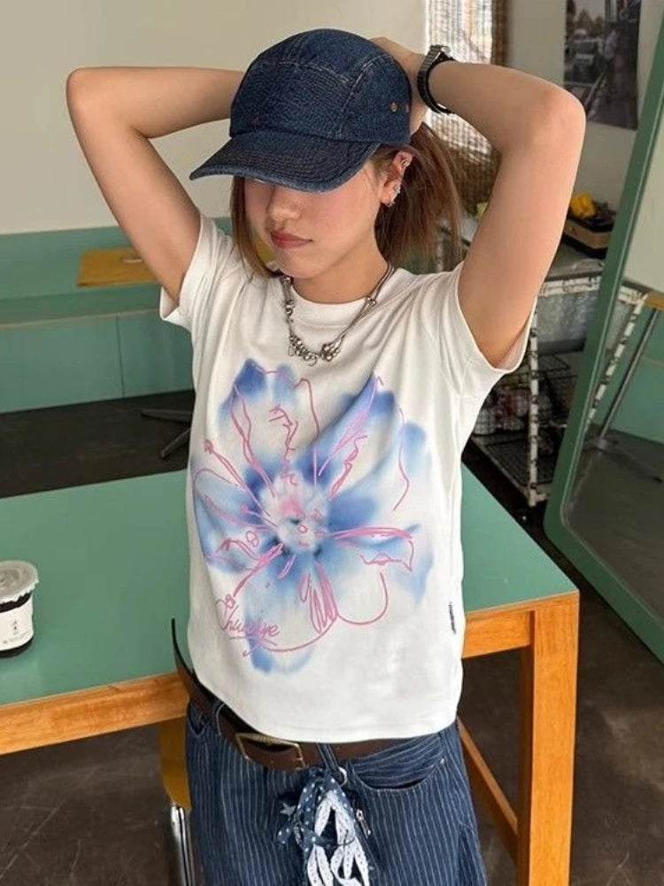 Lunivop  Woman T Shirts O Neck Short Sleeve Slim Stretch Short Sleeve Flowers Printed Y2k Tops Vintage Fashion Tshirt Casual