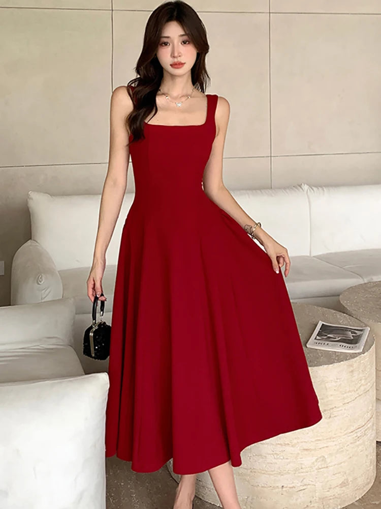 Lunivop  New White Square Collar Sling Sexy Long Dress Women Elegant Luxury Dance Party Dress Summer Korean Vintage Bodycon Vestidos