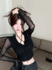 Lunivop  Vintage Ruffles Mesh V-neck Black T-shirt for Women 2025 Summer New Slim Fit Tops Mujer Y2k Slim Fit Long Sleeve Tee Shirt
