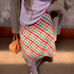 Lunivop  2 colors Autumn High Waist Tweed Colored Plaid Skirt Women Side Zipper A lined Knee Length Long Skater Party Femme