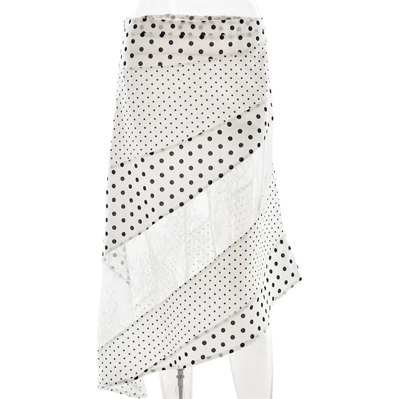 Lunivop   Polka Dot Patchwork Sheer Lace Midi Skirt Women Summer Clothes A-Line Asymmetric Long Skirt Beach Vacation Chic Streetwear