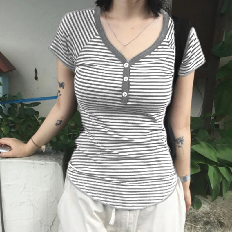 Lunivop  Korean Fashion Striped V-Neck with Buttons Slimming T-shirts Women's Summer Short Sleeve Top Tees Y2K Aesthetics New