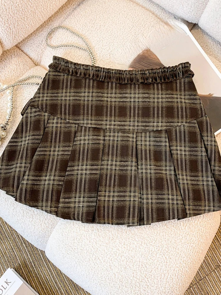 Lunivop French Vintage Skirt Gyaru Plaid Ruffles Patchwork Pleated Design High Waist Mini Skirts Female Slim All Match Women's Clothing