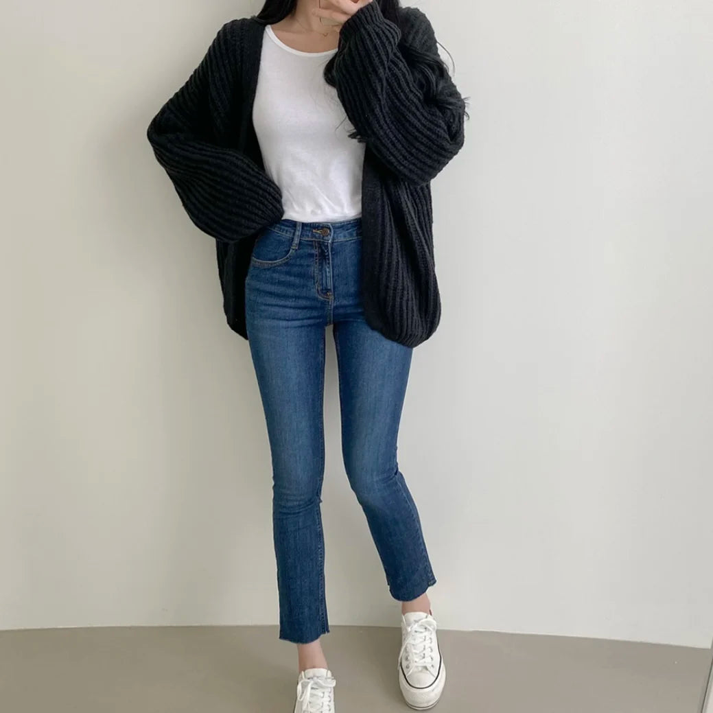 Lunivop Open Front Cardigan for Women Cozy Knit Oversized Open-up Sweater Grey Autumn Winter Teen-girl Casual Daily Outfit