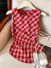 Lunivop  Retro Women Red Plaid Tanks Casual O Neck Slim Korean Vintage Tanks Summer Sleeveless Irregular Female Design Simple Tops