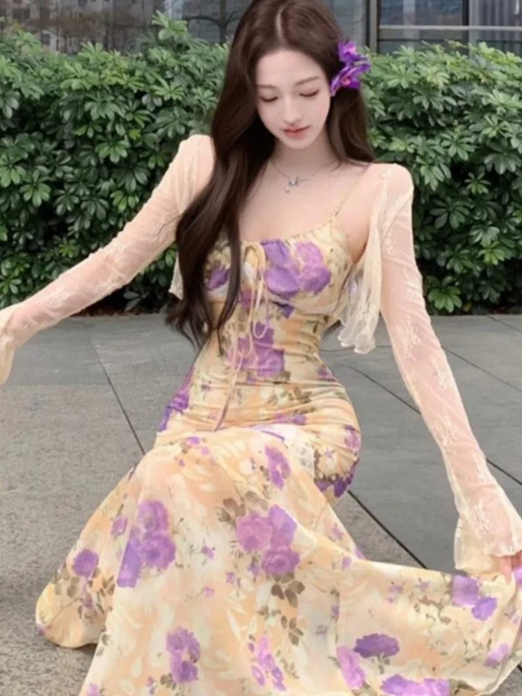 Lunivop Summer Female Two-Piece Dress Set Sweet Fishtail Strap Dress V-neck Sleeveless Woman Floral Through Lace Cardigans New