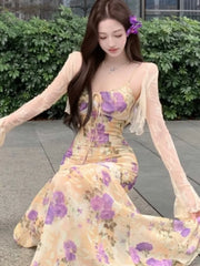 Lunivop Summer Female Two-Piece Dress Set Sweet Fishtail Strap Dress V-neck Sleeveless Woman Floral Through Lace Cardigans New