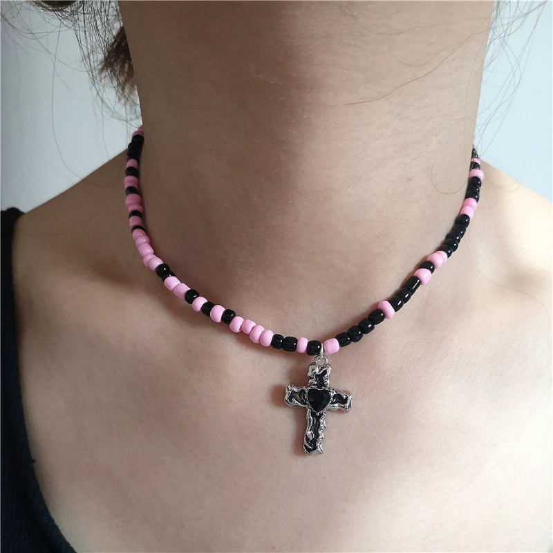 Lunivop Goth Y2K Cute Star Cross Pendant Black Pink Beaded Chain Necklace Egirl 2000s EMO Harajuku  Aesthetic Grunge Jewelry Accessories